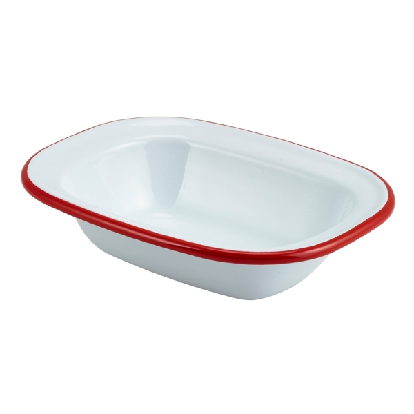 Enamel Rect. Pie Dish White with Red Rim 16cm - SKU: 44016WHR