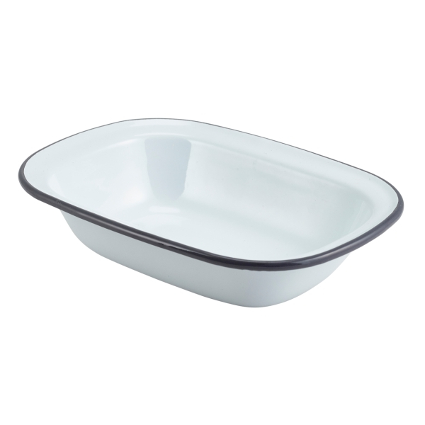 Enamel Rect. Pie Dish White with Grey Rim 20cm - SKU: 44020WHG