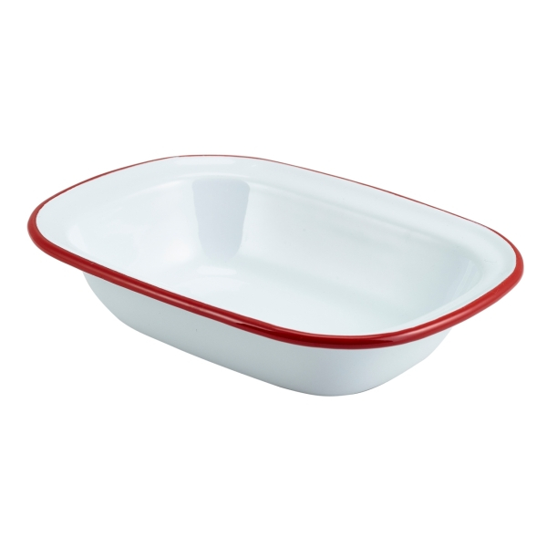 Enamel Rect. Pie Dish White with Red Rim 20cm - SKU: 44020WHR