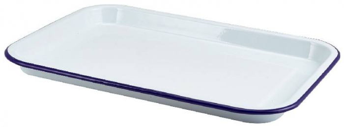 Enamel Serving Tray White with Blue Rim 33.5x23.5x2.2cm - SKU: 942933WH