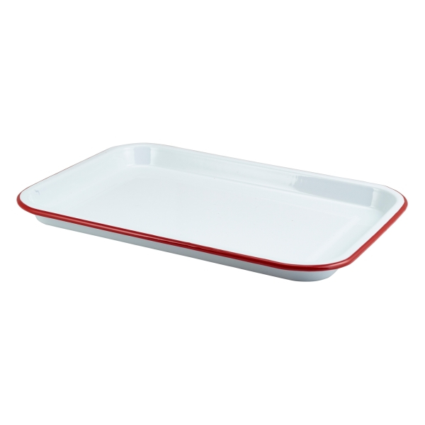 Enamel Serving Tray White with Red Rim 33.5x23.5x2.2cm - SKU: 942933WHR