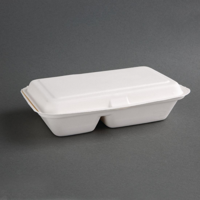 Fiesta Green 2-Compartment Hinged Bagasse Container - 9x6" (Pack 200)