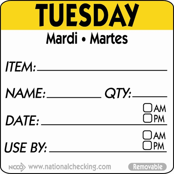 50mm Tuesday  Removable Day Label (500) - SKU: RIDU2202R
